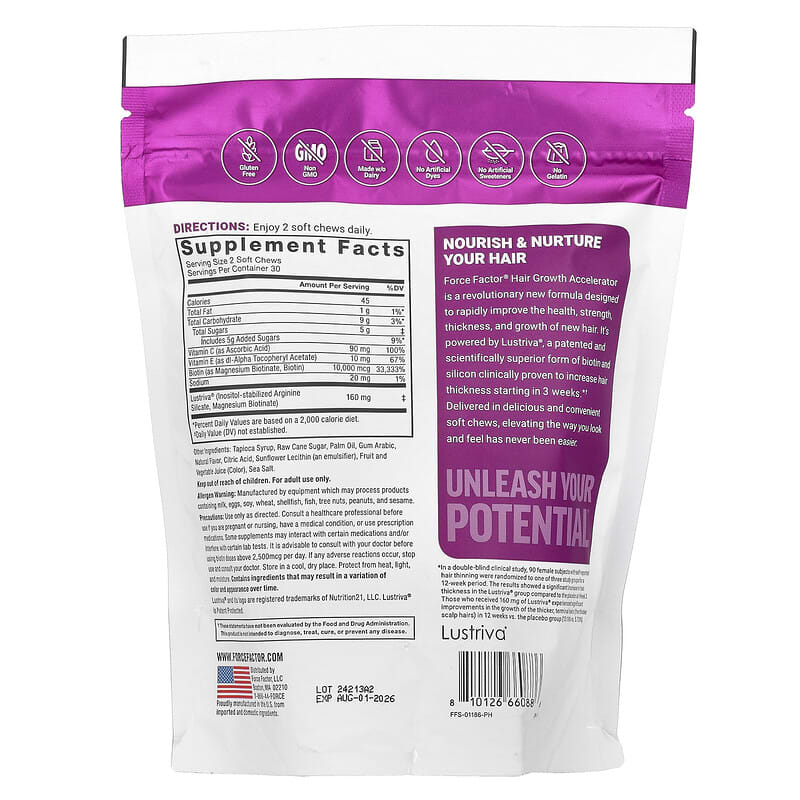 thumbnail image 2 of Delicious Hair Growth Accelerator Soft Chews – Biotin Vitamins For Women & Men – Supports Skin, Nail & Hair Health (Gummy Formula) 2 of 3