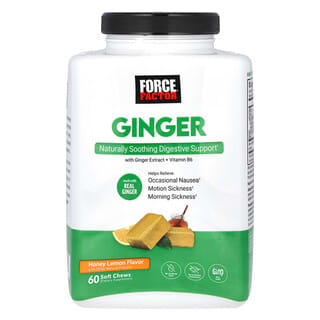 Force Factor, Gingembre avec extrait de gingembre + vitamine B6, Miel et citron, 60 friandises molles à mâcher