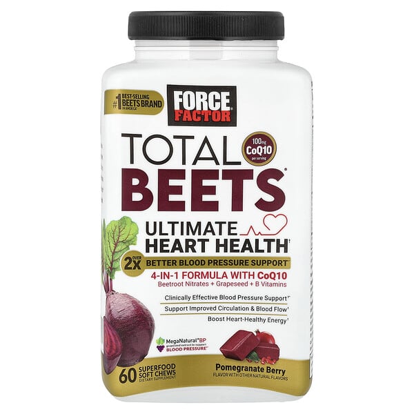 Force Factor Total Beets® With CoQ10, Ultimate Heart Health, Pomegranate Berry, 60 Superfood Soft Chews