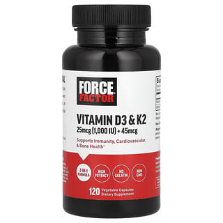 Force Factor, Витамины D3 и K2, 120 растительных капсул