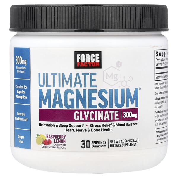 Force Factor Ultimate Magnesium Glycinate Drink Mix, Raspberry Lemon, 4.36 oz (123.6 g)