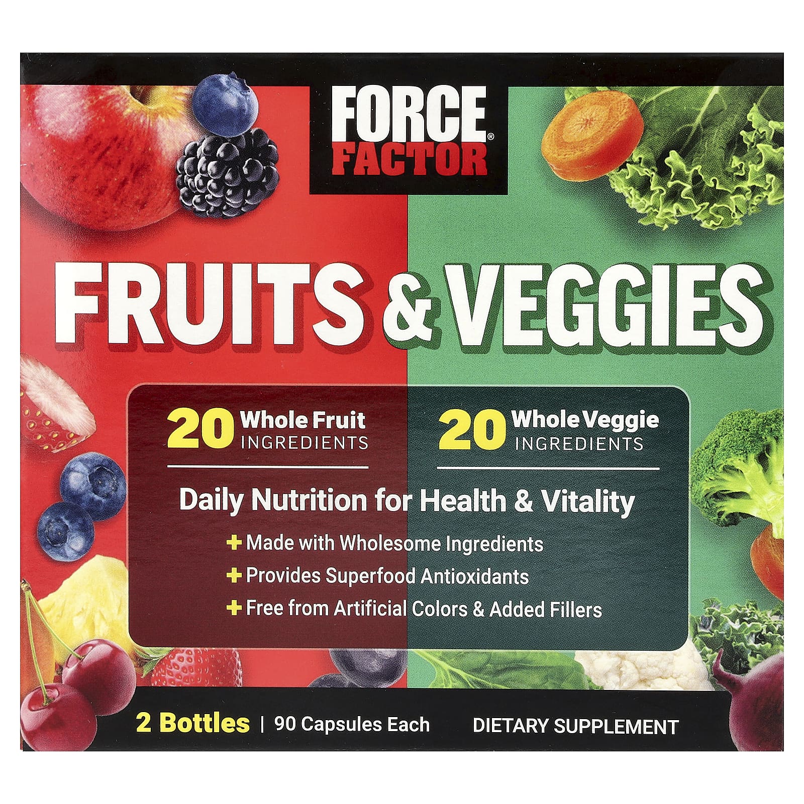 Force Factor, фрукты и овощи, 2 флакона по 90 капсул