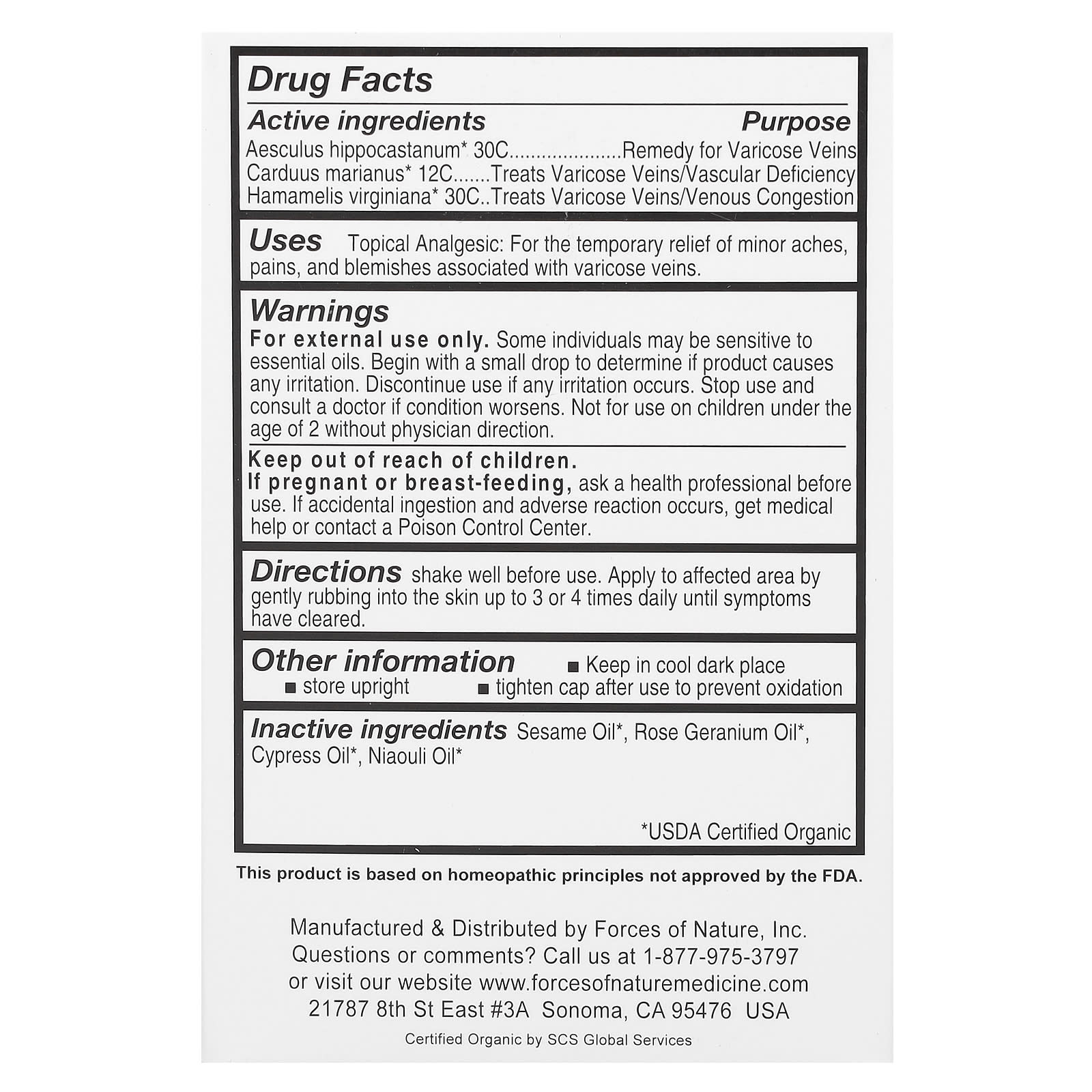 Forces of Nature, Varicose Vein, Organic Plant Medicine, 0.37 oz (11 ml)