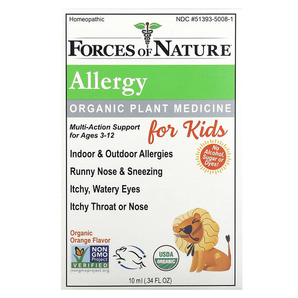 Forces Of Nature Allergy, Organic Plant Medicine, For Kids Ages 3-12, Orange, 0.34 fl oz (10 ml)