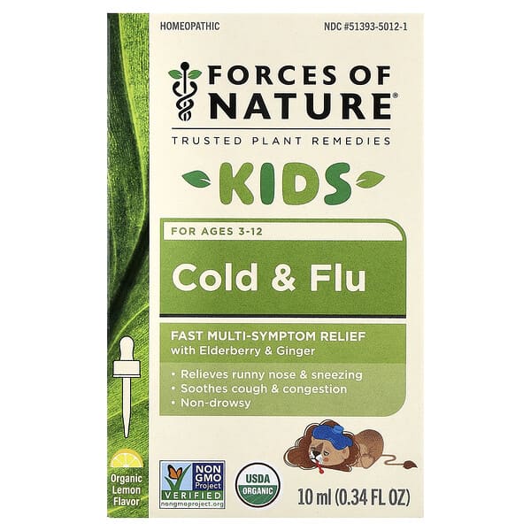 Forces Of Nature Organic Plant Medicine, Cold & Flu, For Kids Ages 3-12, Lemon, 0.34 fl oz (10 ml)