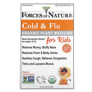 Forces of Nature, Organic Plant Medicine, Cold & Flu, For Kids Ages 3-12, Lemon, 0.34 fl oz (10 ml)