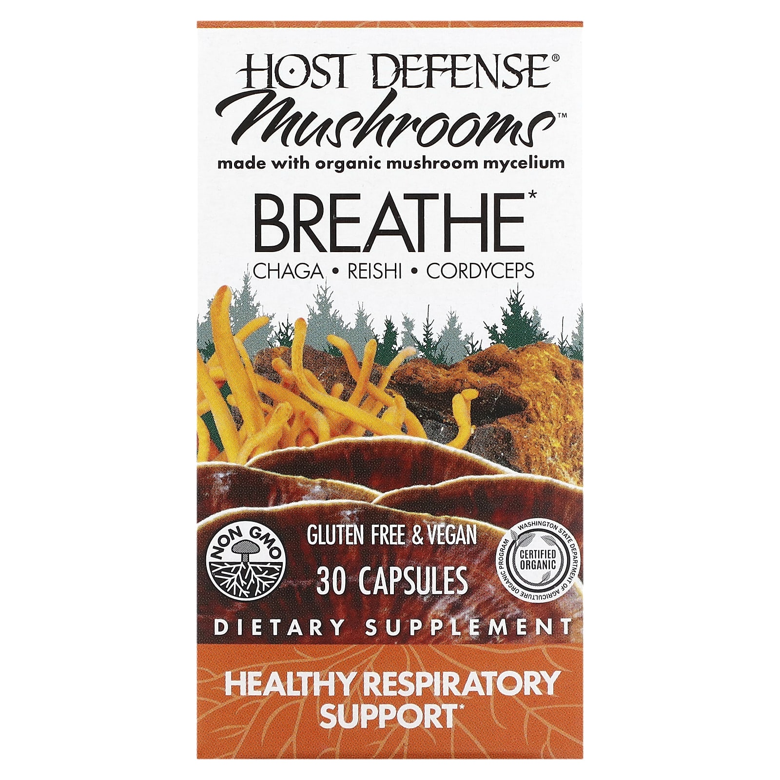 Fungi Perfecti, Host Defense Mushrooms, Breath, здоровое дыхание, 30 капсул