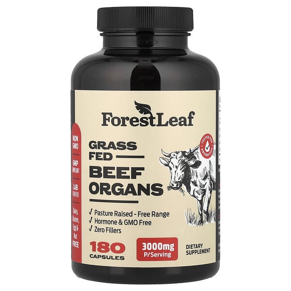 Forest Leaf, 草飼牛器官，3000 毫克，180 粒膠囊（每粒膠囊 500 毫克）