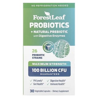 Forest Leaf, Probiotics + Natural Prebiotic with Digestive Enzymes, Probiotika + natürliches Präbiotikum mit Verdauungsenzymen, maximale Stärke, 30 pflanzliche Kapseln