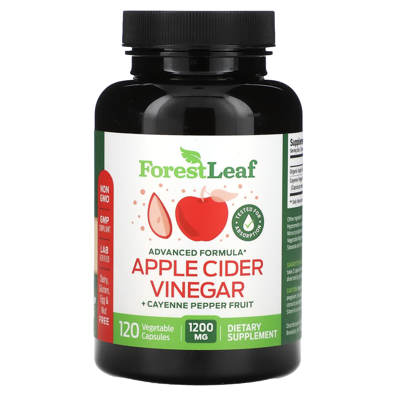 Forest Leaf, Apple Cider Vinegar + Cayenne Pepper Fruit, 1,200 mg, 120 ...