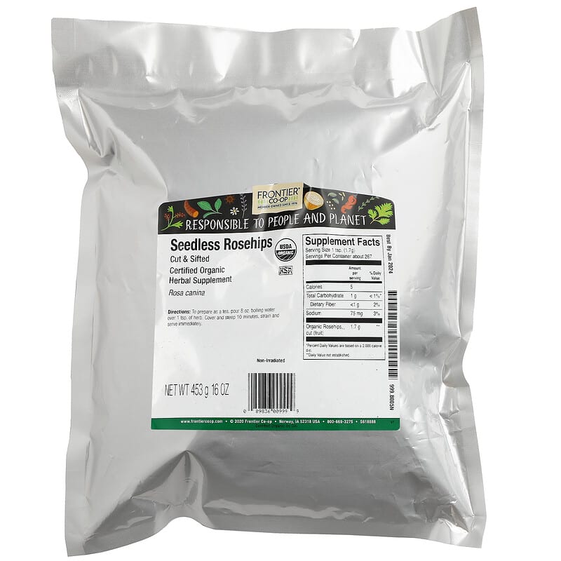 カット＆ふるい分け済みオーガニック種なしローズヒップ、453g（16オンス）