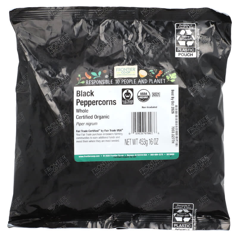 オーガニックフェアトレード ホールブラックペッパーコーン、453g（16