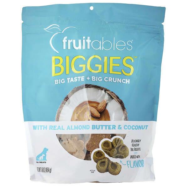 Fruitables, Biggies™ ขนมสำหรับสุนัข รสอัลมอนด์บัตเตอร์และมะพร้าว ขนาด 16 ออนซ์ (454 ก.)