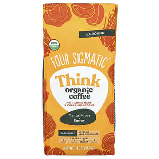 Four Sigmatic, Think, Café orgánico con hongos melena de león y chaga para favorecer la capacidad cognitiva, Molido, Tostado intenso, 340 g (12 oz)
