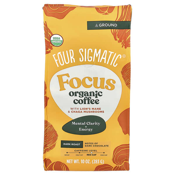 Four Sigmatic, Focus, 유기농 커피, 노루궁뎅이버섯 및 차가버섯, 분쇄 커피, 다크 로스트, 283g(10oz)