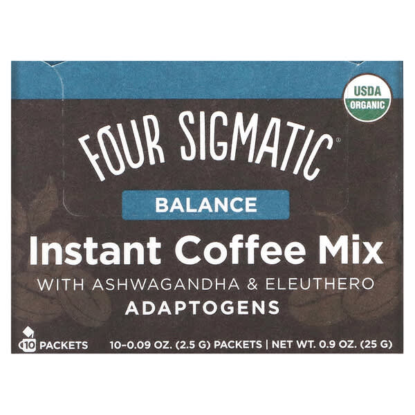 Four Sigmatic, アシュワガンダ＆エゾウコギ配合アダプトゲンインスタントコーヒーミックス、バランス、ミディアムロースト、10パック、各2.5g（0.09オンス）