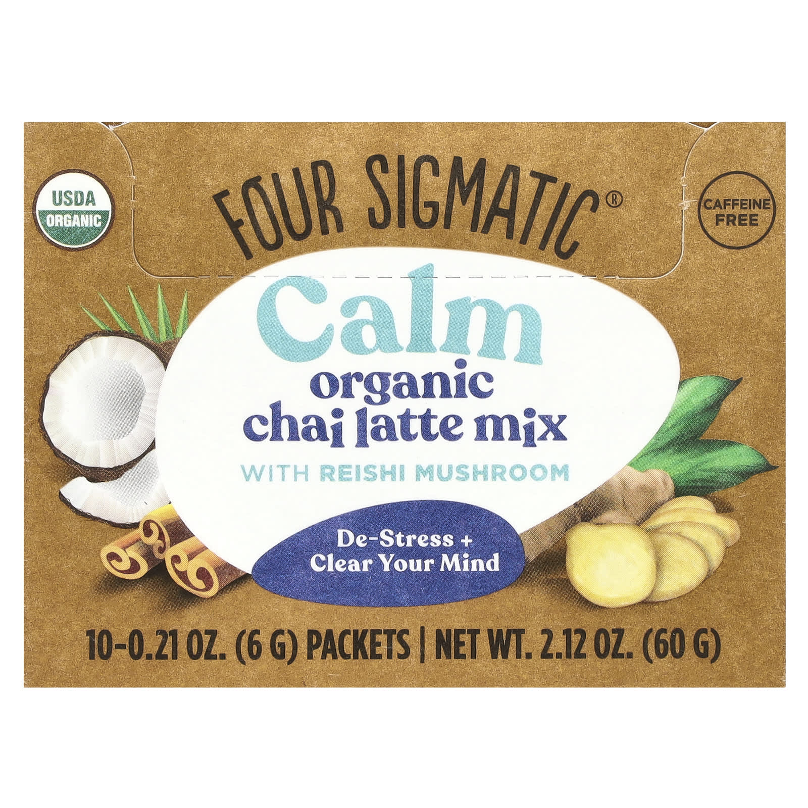 Calm、霊芝入りオーガニックチャイラテミックス、カフェインフリー、10