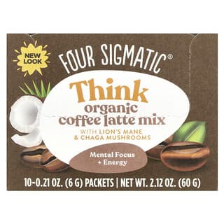 Four Sigmatic, Think, Organic Coffee Latte Mix with Lion's Mane & Chaga, konzentrationssteigernde Bio-Pilz-Kaffee-Latte-Trinkmischung mit Löwenmähne und Chaga, 10 Päckchen, je 6 g (0,21 oz.)