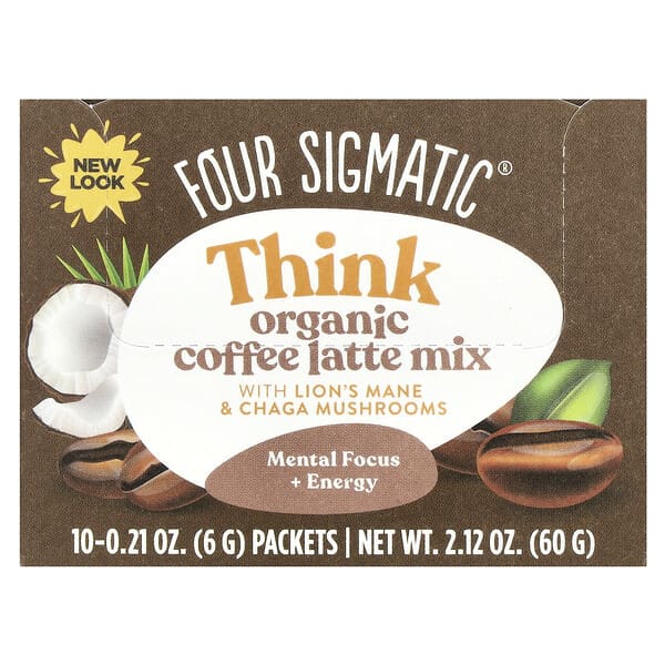 Four Sigmatic, Think，有機咖啡拿鐵混合猴頭菇和白樺茸，10 包，每包 0.21 盎司（6 克）