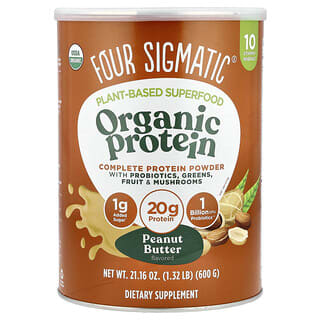 Four Sigmatic, Proteína de origen vegetal con adaptógenos y hongos que refuerzan el sistema inmunitario, Mantequilla de maní, 600 g (1,32 lb)