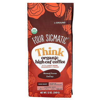 Four Sigmatic, Think, Café orgánico con alto contenido de cafeína, hongo melena de león y yacón, Molido, Tostado oscuro, 340 g (12 oz)