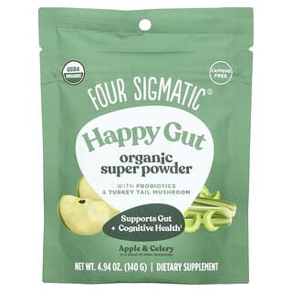 Four Sigmatic, Happy Gut, 프로바이오틱 및 구름버섯 함유 유기농 슈퍼 분말, 사과 셀러리 맛, 140g(4.94oz)