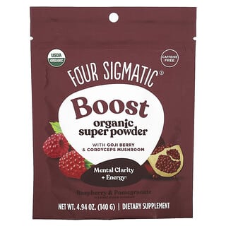 Four Sigmatic, Boost, Superpolvo orgánico, Sin cafeína, Frambuesa y granada, 140 g (4,94 oz)