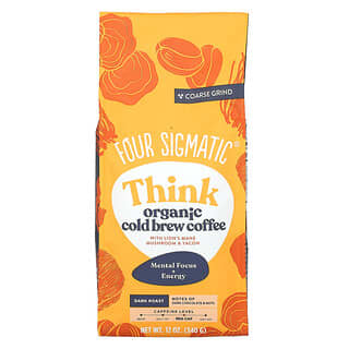 Four Sigmatic, Think, Organic Cold Brew Coffee With Lion's Mane, kalt gebrühter Bio-Kaffee mit Löwenmähne, Pilz und Yacon, grob gemahlen, dunkle Röstung, 340 g (12 oz.)