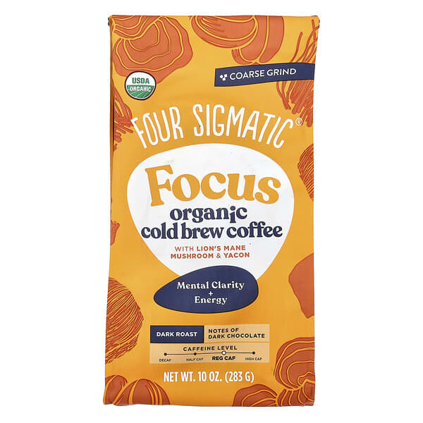 Four Sigmatic, Focus, 유기농 콜드브루 커피, 노루궁뎅이버섯 및 야콘 함유, 코즈 그라인드, 다크 로스트, 283g(10oz)