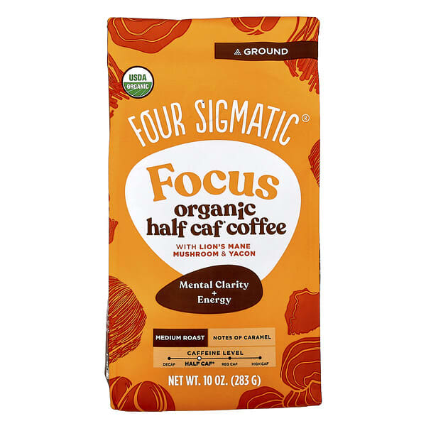 Four Sigmatic, Focus, 유기농 절반 카페 커피, 노루궁뎅이버섯 및 야콘, 분쇄 커피, 미디엄 로스트, 283g(10oz)