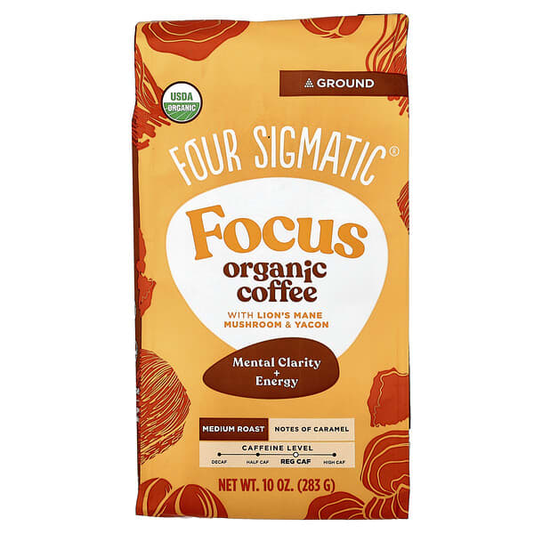 Four Sigmatic, Focus, 유기농 커피, 노루궁뎅이버섯 및 야콘 함유, 분쇄 커피, 미디움 로스트, 283g(10oz)