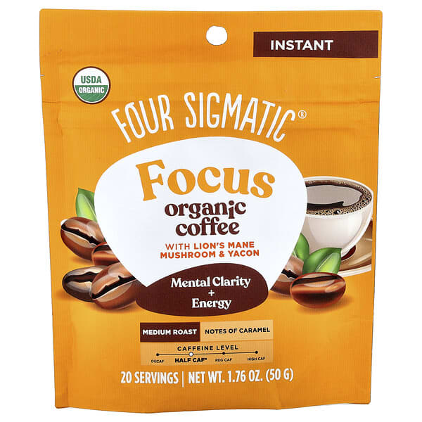 Four Sigmatic, Focus, 유기농 인스턴트 커피, 노루궁뎅이버섯 및 야콘 함유, 미디엄 로스트, 50g(1.76oz)