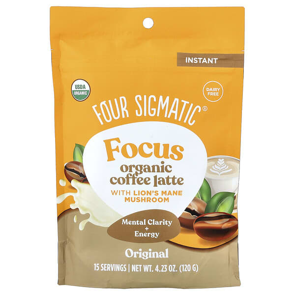 Four Sigmatic, Focus, 노루궁뎅이버섯 함유 유기농 인스턴트 커피 라떼, 오리지널, 120g(4.23oz)