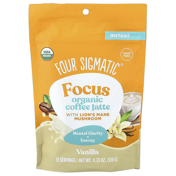 Four Sigmatic, Focus, 노루궁뎅이버섯 함유 유기농 인스턴트 커피 라떼, 바닐라, 120g(4.23oz)