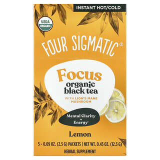 فور سيغماتيك‏, Focus ، شاي أسود عضوي مع فطر لبدة الأسد ، 5 أكياس ، 0.09 أونصة (2.5 جم) لكل كيس