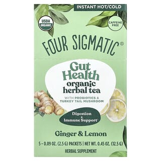 فور سيغماتيك‏, صحة الأمعاء ، شاي عشبي عضوي مع البروبيوتيك وفطر ذيل الديك الرومي ، زنجبيل وليمون ، خالٍ من الكافيين ، 5 أكياس ، 0.09 أونصة (2.5 جم) لكل كيس