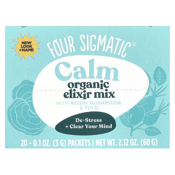 Four Sigmatic, Calm, 유기농 일릭서 믹스, 영지버섯 및 툴시 함유, 카페인 무함유, 20팩, 팩당 3g(0.1oz)