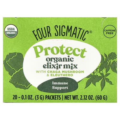 Four Sigmatic, Protect, Organic Elixir Mix With Chaga Mushroom & Eleuthero, Caffeine Free, 20 Packets, 0.1 oz (3 g) Each