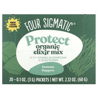 Four Sigmatic, Protect, Organic Elixir Mix With Chaga Mushroom & Eleuthero, Bio-Elixiermischung mit Chaga-Pilz und Taigawurzel, 20 Päckchen, je 3 g (0,1 oz.)