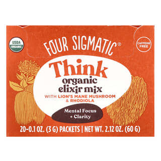 Four Sigmatic, Think, органическая смесь эликсира с грибом ежовиком гребенчатым и родиолой, без кофеина, 20 пакетиков по 3 г (0,1 унции)