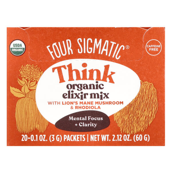 Four Sigmatic, Think, 유기농 일릭서 믹스, 노루궁뎅이버섯 및 홍경천 함유, 카페인 무함유, 20팩, 각 3g(0.1oz)
