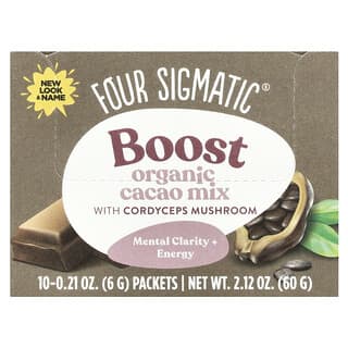 Four Sigmatic, Boost, Organic Cacao Mix with Cordyceps Mushroom, energiesteigernde Bio-Pilz-Kakao-Trinkmischung mit Cordyceps, 10 Päckchen, je 6 g (0,21 oz.)