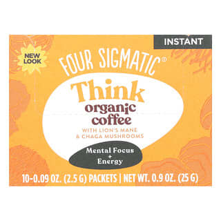 Four Sigmatic, Think, Instant Organic Coffee with Lion's Mane & Chaga Mushrooms, Medium Roast, 10 Packets, 0.09 oz (2.5 g) Each