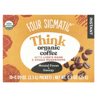 Four Sigmatic, Think, Instant Organic Coffee with Lion's Mane & Chaga Mushrooms, Bio-Instantkaffee mit Löwenmähne- und Chaga-Pilzen, mittlere Röstung, 10 Päckchen, je 2,5 g (0,09 oz.)