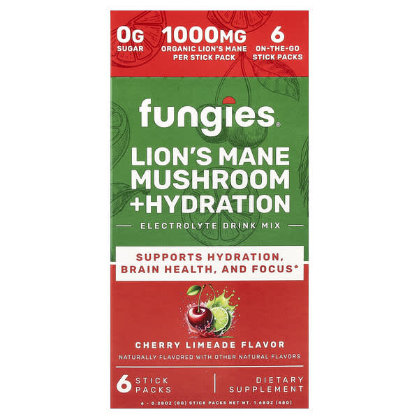 Lion's Mane Mushroom + Hydration, Electrolyte Drink Mix, Cherry Limeade, 6 Stick Packs, 0.28 oz (8 g) Each