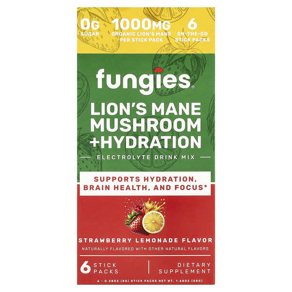 Lion's Mane Mushroom + Hydration, Electrolyte Drink Mix, Strawberry Lemonade, 6 Stick Packs, 0.28 oz (8 g) Each