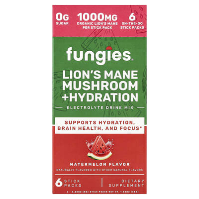 Fungies, Lion's Mane Mushroom + Hydration, Electrolyte Drink Mix, Watermelon, 6 Stick Packs, 0.28 oz (8 g) Each
