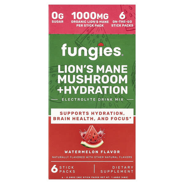 Lion's Mane Mushroom + Hydration, Electrolyte Drink Mix, Watermelon, 6 Stick Packs, 0.28 oz (8 g) Each