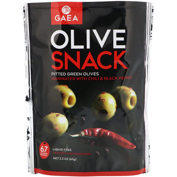Gaea, オリーブスナック、種なしグリーンオリーブ、チリとブラックペッパーのマリネ、2.3 oz (65 g)