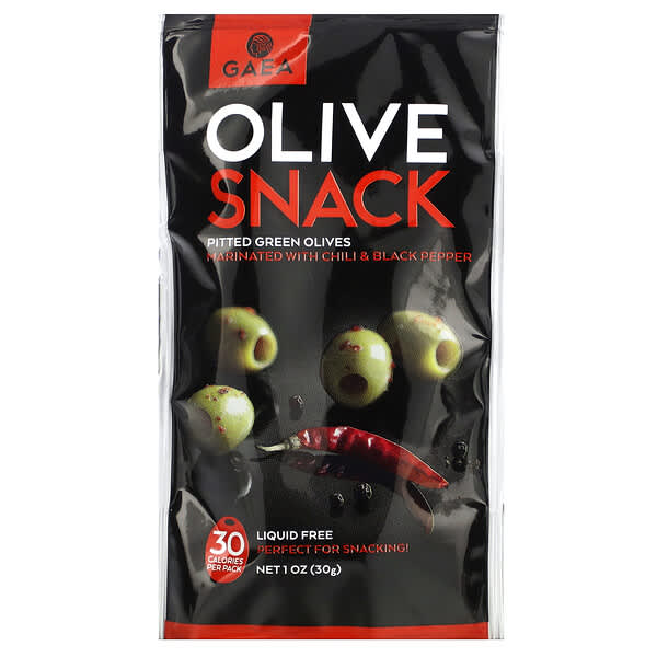 Gaea, Olive Snack, Pitted Green Olives Marinated With Chili & Black